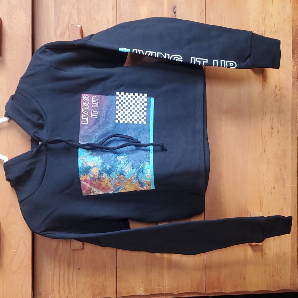 NWT BP.: Graphic Crop Hoodie "Living it up" on front & down left sleeve, black
